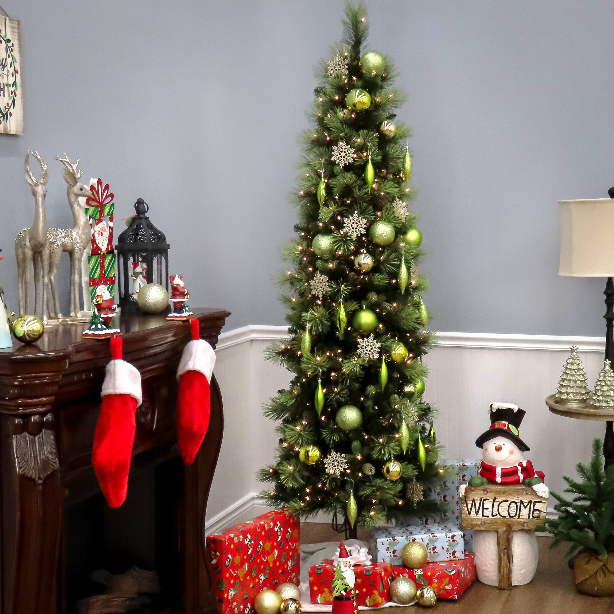7.5 ft. Pre-Lit Carolina Pine Slim Artificial Christmas Tree with Flocked Pine Cones, Clear Lights